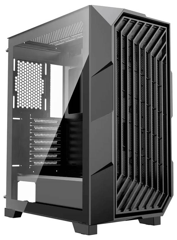Een zwarte computerbehuizing met een hoekige, geventileerde voorkant en een transparant zijpaneel, waarop interne montageruimte voor componenten zichtbaar is.
