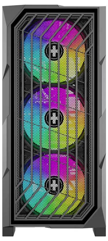Een zwarte pc-behuizing met drie vooraan geplaatste koelventilators, die elk levendige RGB-verlichting vertonen in blauwe, groene en roze kleuren.