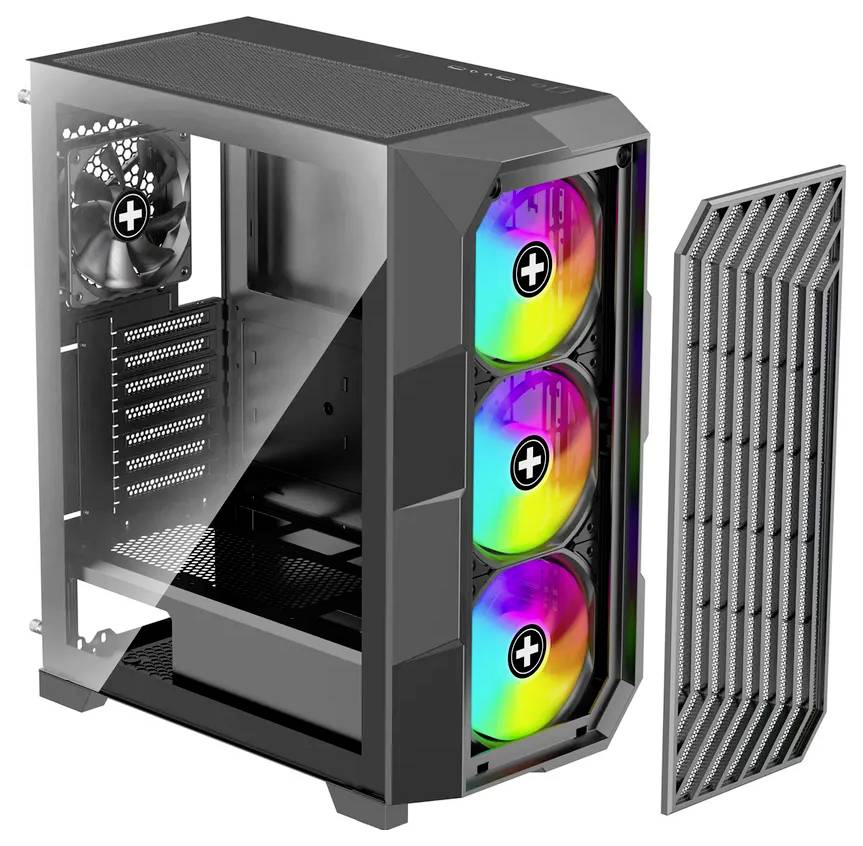 'Computerbehuizing met transparant zijpaneel, drie voorste RGB-ventilatoren en een afneembare mesh voorkant; ontworpen voor custom builds.'
