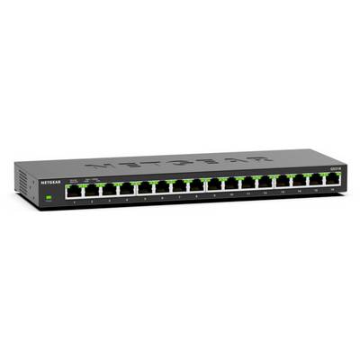 Een zwarte 16-poorts NETGEAR netwerksschakelaar met groene LED-indicatoren, gebruikt voor het verbinden van meerdere apparaten binnen een lokaal netwerk.