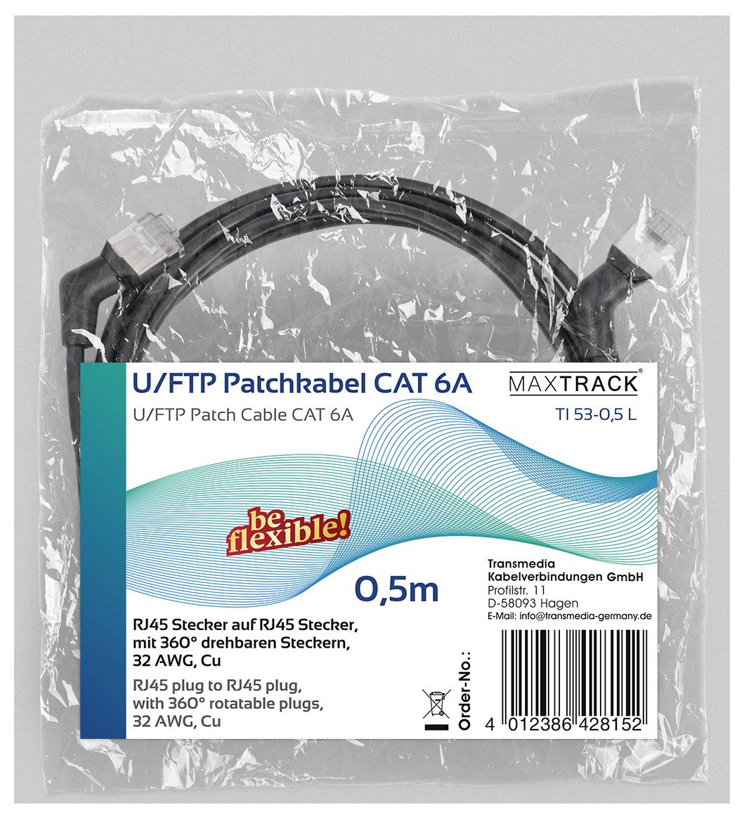 'Maxtrack U/FTP Patchkabel CAT 6A, 0.5m' Ethernet-kabel in verpakking, voorzien van RJ45-stekkers en 360° draaibare connectoren, 32 AWG, Cu.