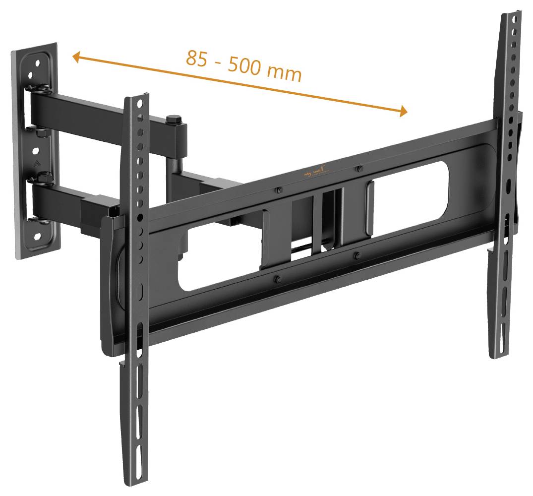 Wandsteun met een verstelbare arm die 85 tot 500 mm uitsteekt, ontworpen om een flatscreen tv of monitor te ondersteunen en te bevestigen.