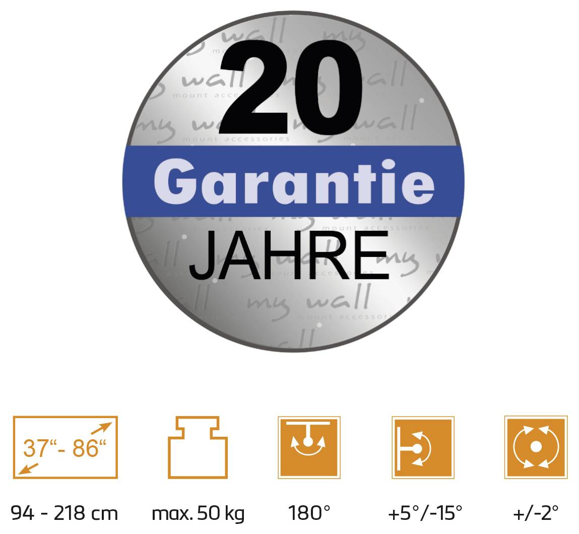 '20 jaar garantie' zilver badge. Kenmerken: geschikt voor 37"-86", max 50 kg, 180° kantelbaar, verticaal verstelbaar +5°/-15°, horizontaal +/-2°.