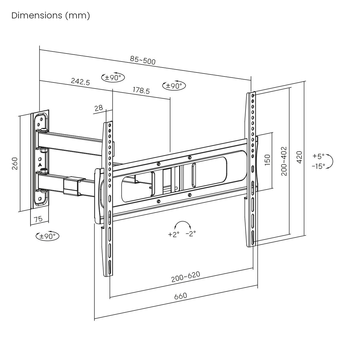 'Diagram van een tv-wandsteun met verstelbare armen. Toont afmetingen in millimeters: 85-500 breedte, 260 hoogte en 660 lengte. Kantelhoeken zijn +5° tot -15°.'