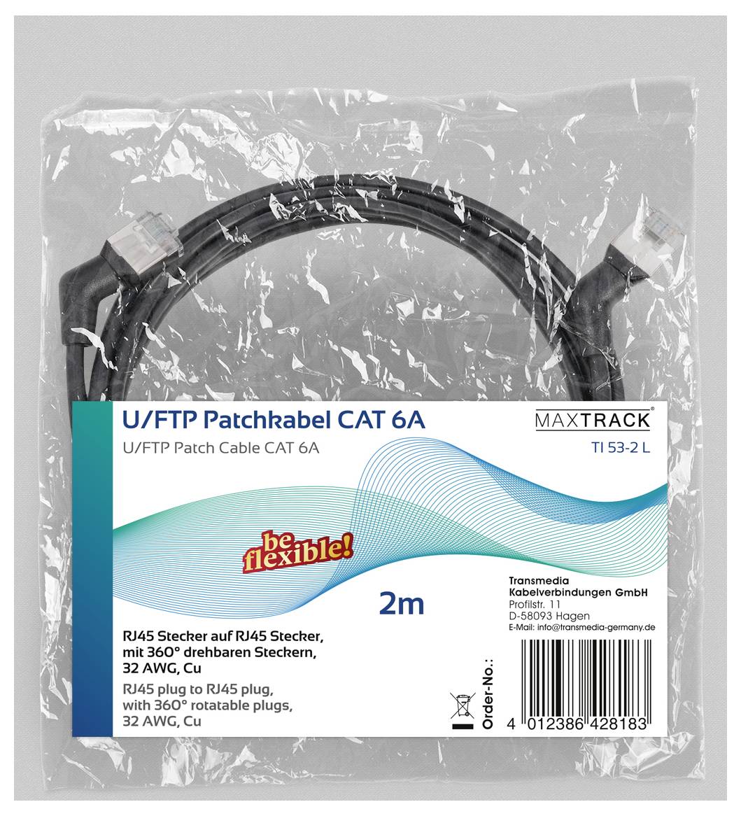 Een verpakte U/FTP patchkabel CAT 6A, 2 meter lang, met RJ45-connectoren en een 360° draaibaar ontwerp. Verpakking bevat 'be flexible!' branding.