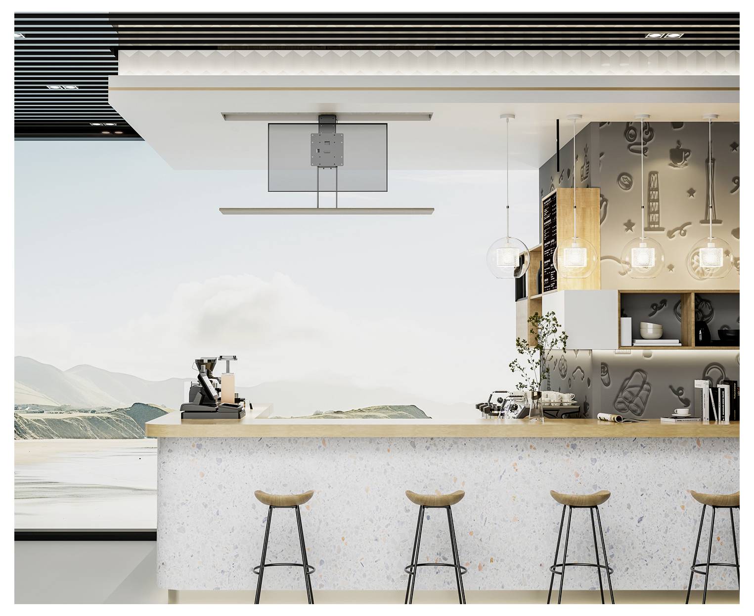 Een moderne keuken met een groot keukeneiland, barkrukken, hangende lampen en een espressomachine. De ruimte heeft een groot raam met uitzicht op de bergen.