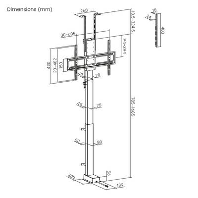'Diagram van een telescopische tv-wandsteun met afmetingen in mm: hoogte 785-1085, verstelbare paal 75-300, beugel 200-400, max tv-formaat 32-65 inch.'