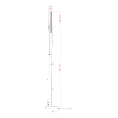 Zijaanzicht technische tekening van een hoge, dunne structuur met afmetingen in het rood gelabeld. De hoogte is 178,75 plus 85.