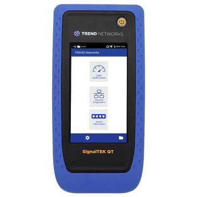 Handheld apparaat met drie opties: 'Kabelkwalificatie', 'Netwerkdiagnostiek', 'Schakelapparatuur-informatie'. Merk 'Trend Networks'.
