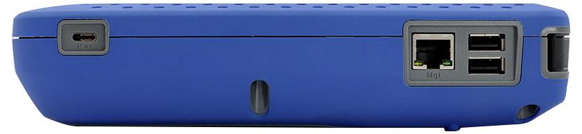Een blauwe elektronische apparaat met poorten, waaronder USB en Ethernet, aan een zijde, gebruikt voor netwerkverbinding of computeraansluiting.