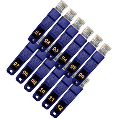 Twaalf blauwe netwerktestgereedschappen met genummerde labels van 01 tot 12, gerangschikt om connectoren en poortcompatibiliteitskenmerken te tonen.