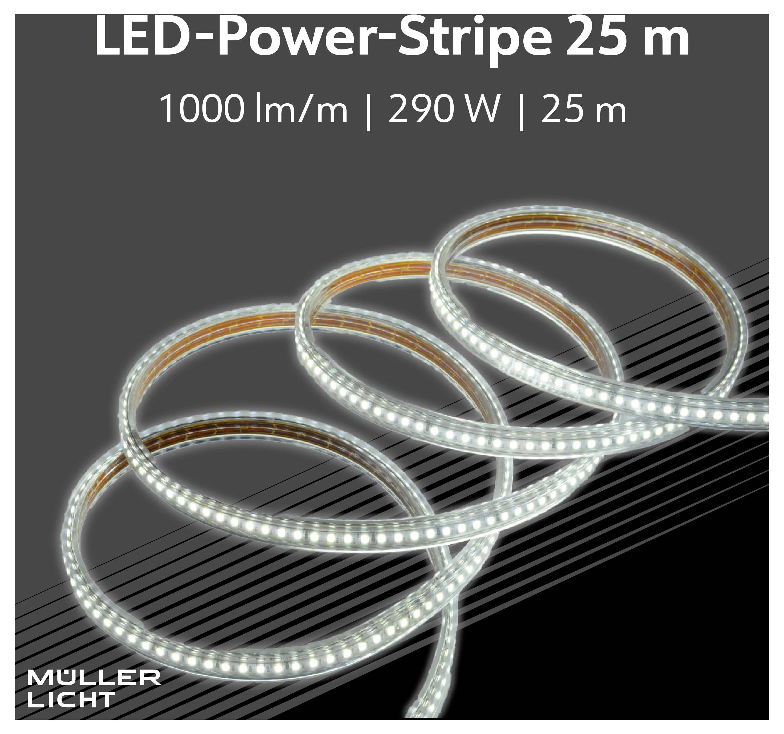 'LED-Vermogenslijn 25 m' lichtstrip opgerold tegen een donkere achtergrond. Tekst geeft aan '1000 lm/m | 290 W | 25 m'. Merk: Muller Licht.