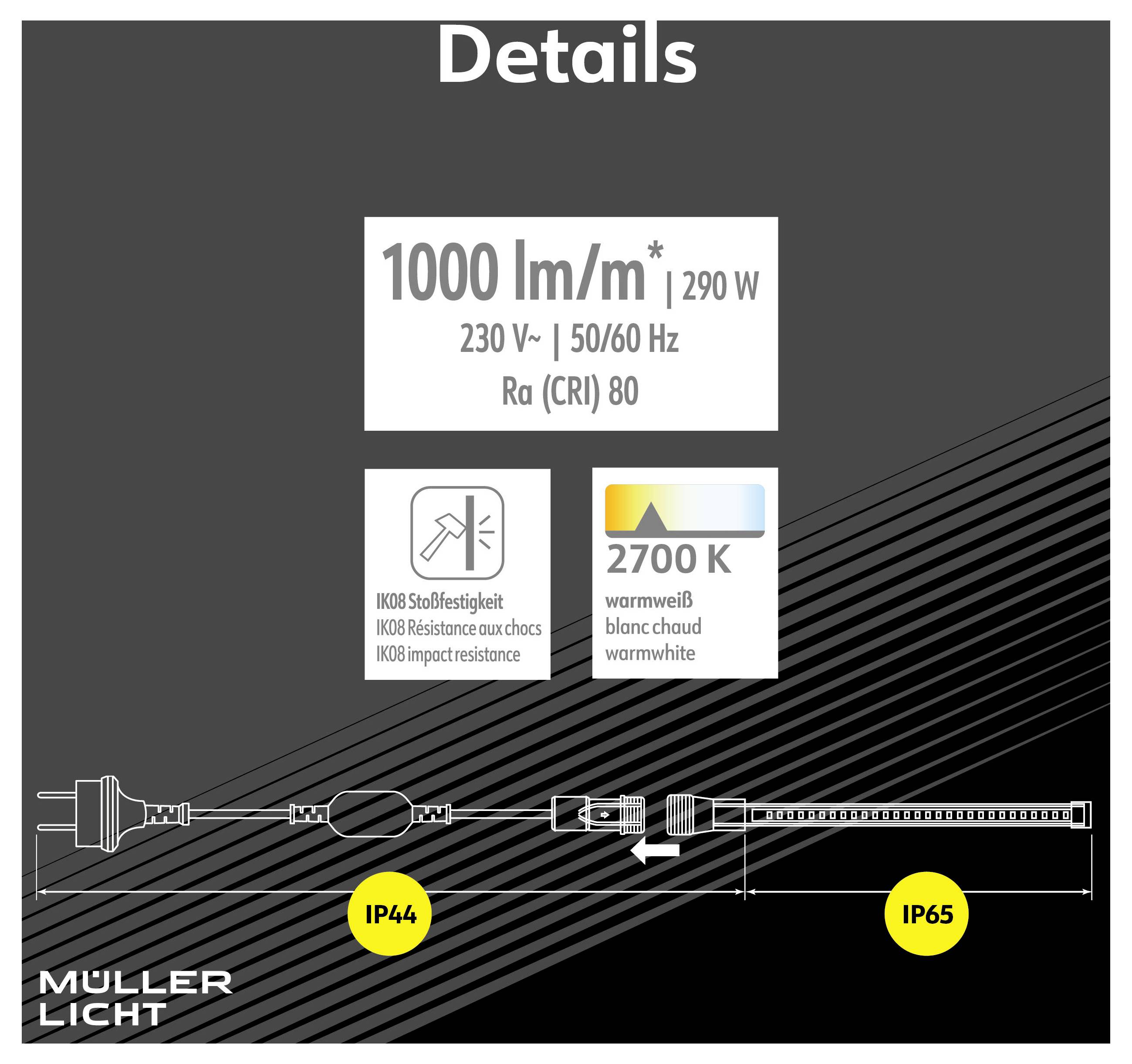 'Details' afbeelding met LED-lichtstrip kenmerken: 1000 lumen/m, 290W, 230V, Ra (CRI) 80, 2700K warm wit. IP44 en IP65 classificaties.