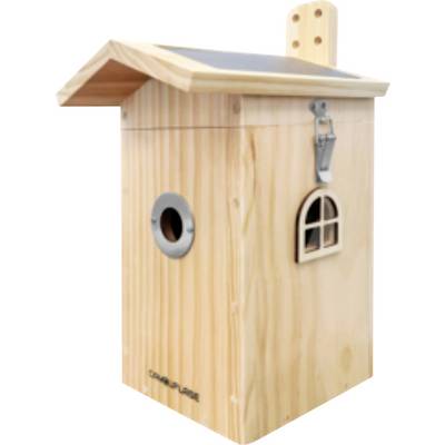 Slimme vogelnestkast met camera, compatibele app voor live weergave en meldingen. Verpakt in een doos met een vogel nabij het product.