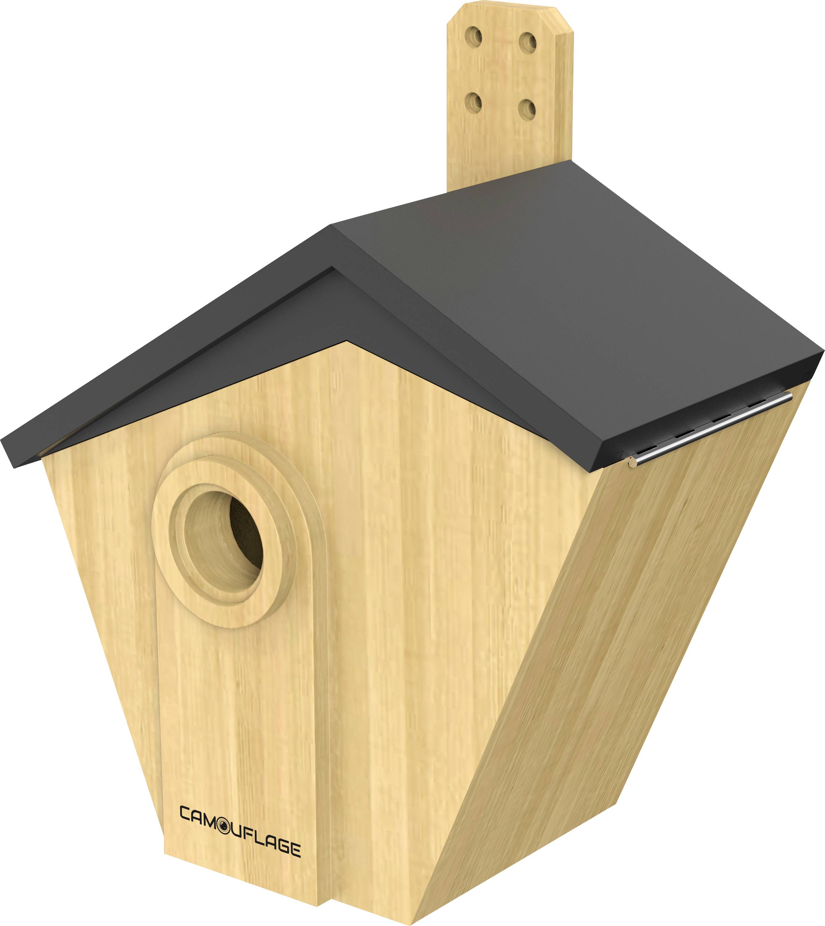 Een houten vogelhuisje met een schuin zwart dak, een ronde ingang en een wandbevestiging. Het woord 'CAMOUFLAGE' staat op de voorkant gedrukt.