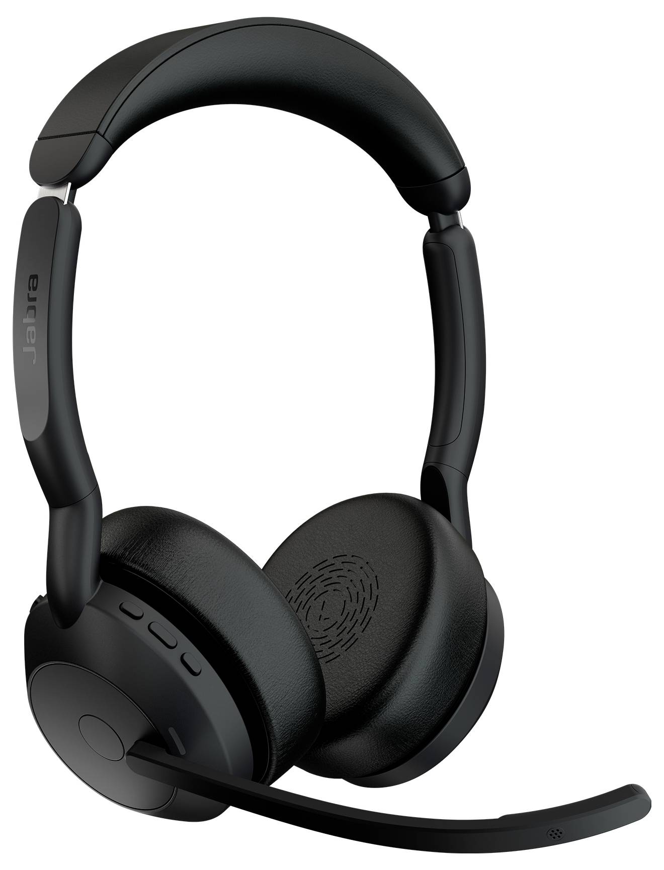Een zwarte draadloze over-ear headset met een microfoon. Hij beschikt over gedempt oorschuim, knoppen aan de zijkant en een verstelbare hoofdband.
