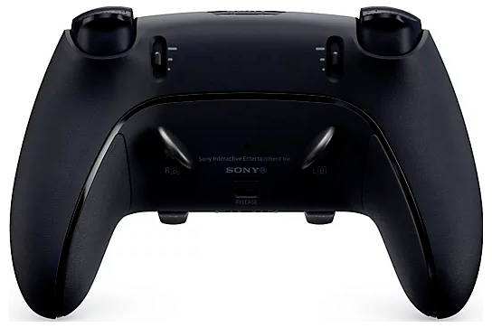 De afbeelding toont de achteraanzicht van een zwarte gamingcontroller met zichtbare schouderknoppen. Het ontwerp is strak en ergonomisch voor gamen.