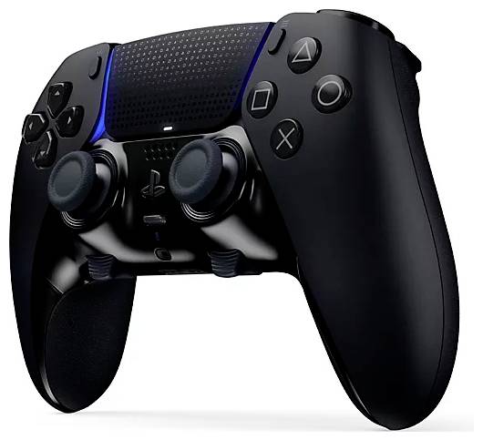 Een zwarte gamecontroller met dubbele thumbsticks, directionele pad en knoppen, doorgaans gebruikt voor het interageren met videogames op een console.