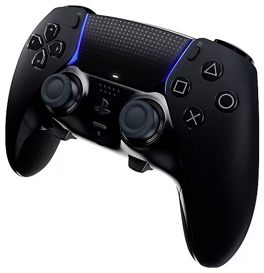 Een zwarte gaming controller met blauwe lichtaccenten en dubbele analoge sticks, voorzien van standaard gametoetsen en een richtingstoets.
