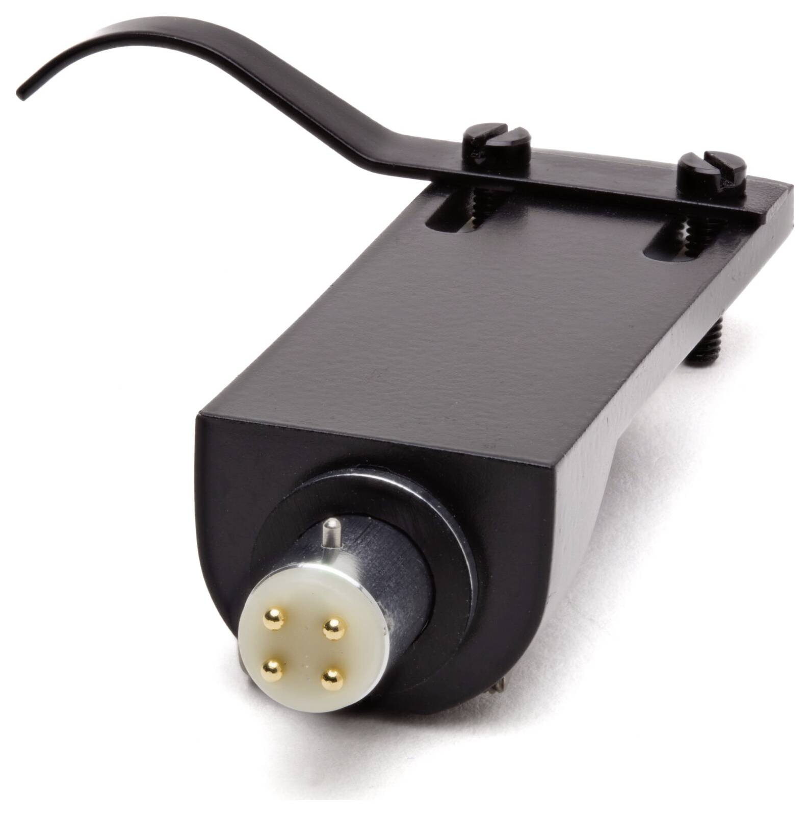 Een zwarte platenspeler-headshell met een metalen hefboom en blootgestelde elektrische contacten aan één uiteinde, gebruikt om een cartridge te bevestigen voor het afspelen van platen.