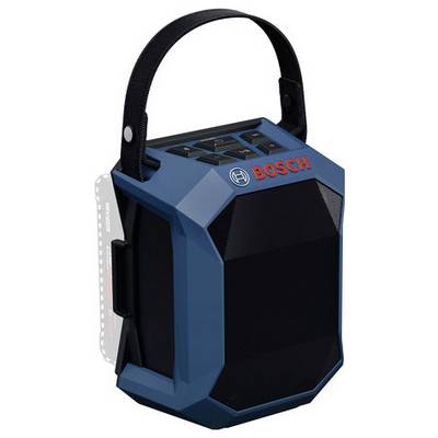 Draagbare blauwe Bosch-speaker met een zwarte handgreep, met bedieningsknoppen op de bovenkant. Ontworpen voor duurzaamheid en gemakkelijk transport.