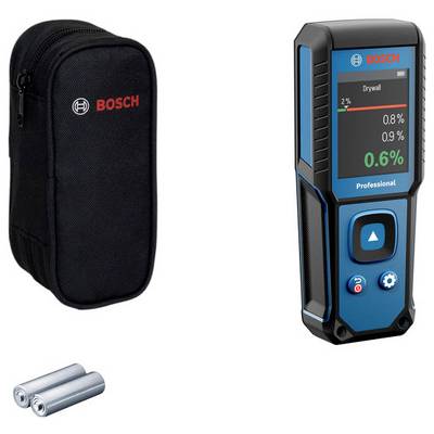 Bosch vochtmeter met digitaal display, toont een aflezing van 0,6% voor gipsplaat, geleverd met een zwarte draagtas en twee AA-batterijen.