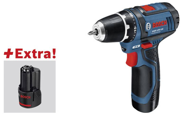 Een blauwe en zwarte Bosch accuboormachine met een rode aan-uitknop, waarbij een extra Bosch accu in een aparte doos staat afgebeeld.