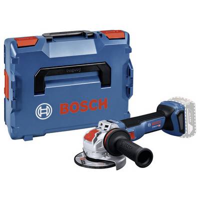 Draadloze haakse slijper met Bosch-logo, met een compacte uitvoering en ergonomische handgreep, getoond naast een stevige blauwe opbergkoffer.