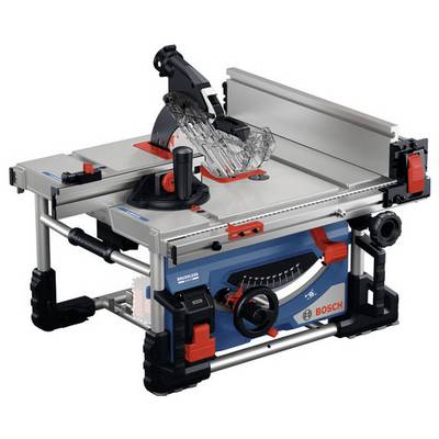 Een draagbare Bosch tafelzaag met verstelbare hoekinstelling, een transparante zaagbescherming en een solide metalen constructie, ideaal voor nauwkeurige zaagwerkzaamheden.
