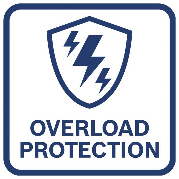 Een schild met twee bliksemschichten, die overbelastingsbeveiliging symboliseren, boven de tekst 'OVERBELASTINGSBEVEILIGING' in vetgedrukte blauwe letters.