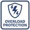 Een schild met twee bliksemschichten, die overbelastingsbeveiliging symboliseren, boven de tekst 'OVERBELASTINGSBEVEILIGING' in vetgedrukte blauwe letters.