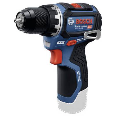 Een snoerloze Bosch Professional boormachine met een zwarte boorkop, blauw en rood gekleurd frame, en een ergonomische handgreep, die duurzaamheid en precisie uitstraalt.