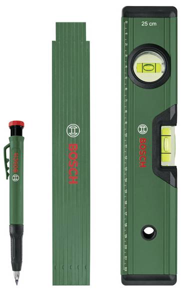 Groene meetgereedschappen met 'BOSCH' branding, waaronder een pen, een vouwmeter en een 25 cm waterpas, ontworpen voor precisie in de bouw.