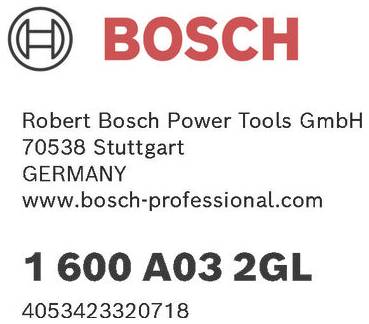 'Bosch' logo en tekst: 'Robert Bosch Power Tools GmbH, 70538 Stuttgart, DUITSLAND, www.bosch-professional.com, 1 600 A03 2GL, 4053423320718'.