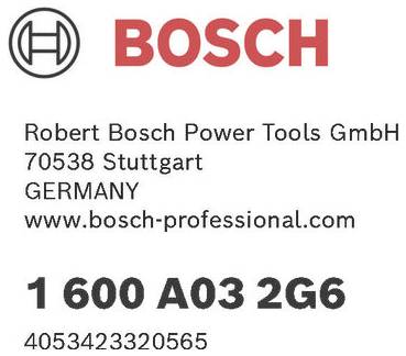'Bosch' logo met tekst: 'Robert Bosch Power Tools GmbH, 70538 Stuttgart, DUITSLAND, www.bosch-professional.com, 1 600 A03 2G6, 4053423320565'