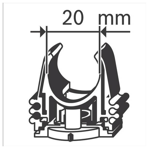 Een diagram dat een object toont gepositioneerd in een houder, gemarkeerd met '20 mm' aan de bovenkant, wat een meetbereik tussen twee punten aangeeft.