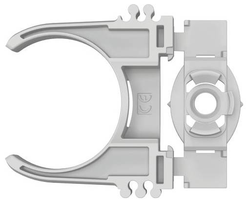 Een grijze kunststof klem met een ronde opening en een scharniermechanisme aan de rechterkant. De klem lijkt bedoeld te zijn voor het vasthouden van kabels of buizen.