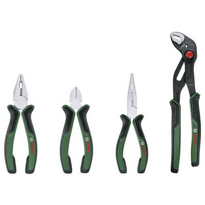 Verschillende handgereedschappen, waaronder punttangen, zijkniptangen en waterpomptangen, met groene en zwarte handgrepen naast elkaar gerangschikt.