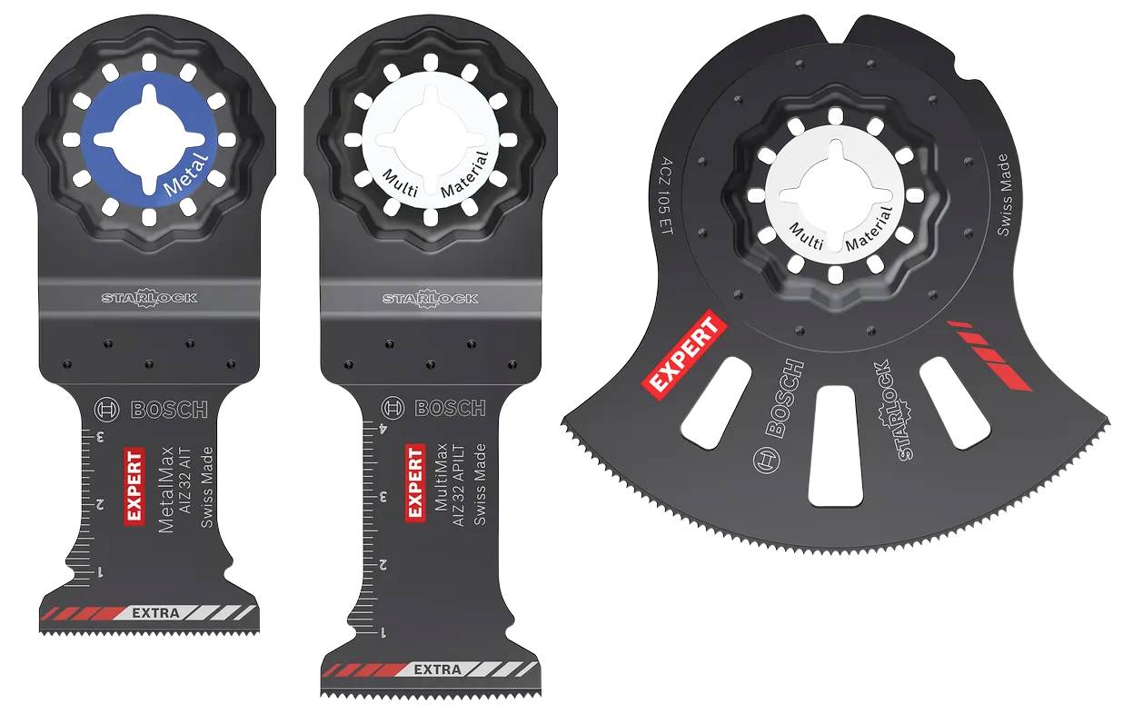 Bosch oscillerende multi-tool bladen en schraapers naast elkaar weergegeven, inclusief Expert en Extra bijzettingen voor snijden en schrapen.