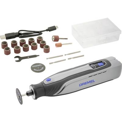 Dremel rotary gereedschapsset inclusief een draadloos gereedschap, schuurbanden, boorboren, snijschijven, een moersleutel, USB-lader en opbergdoos.