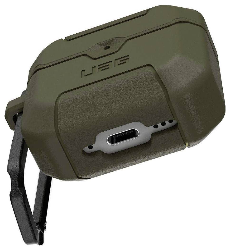 Een donkergroene, robuuste beschermhoes met een geïntegreerde clip voor een klein elektronisch apparaat, met een zichtbare oplaadpoort eronder.