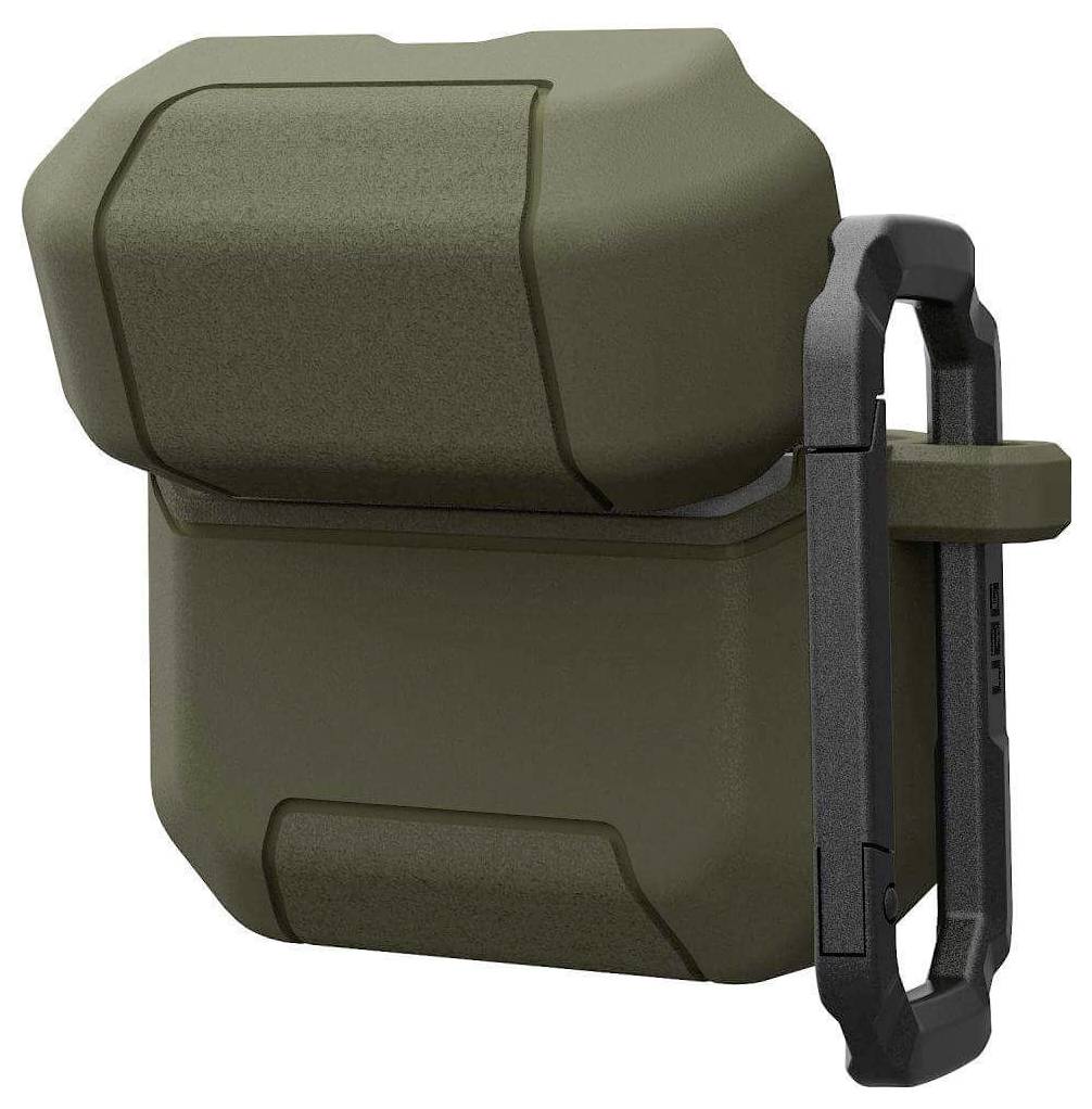Een robuuste, donkergroene beschermhoes voor AirPods, met een stevig zwart clip aan de zijkant voor eenvoudige bevestiging aan tassen of riemen.