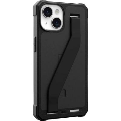 Een zwarte smartphonehoes met dubbele openingen voor de achterste camera's en een geïntegreerde standaard voor handsfree weergave.