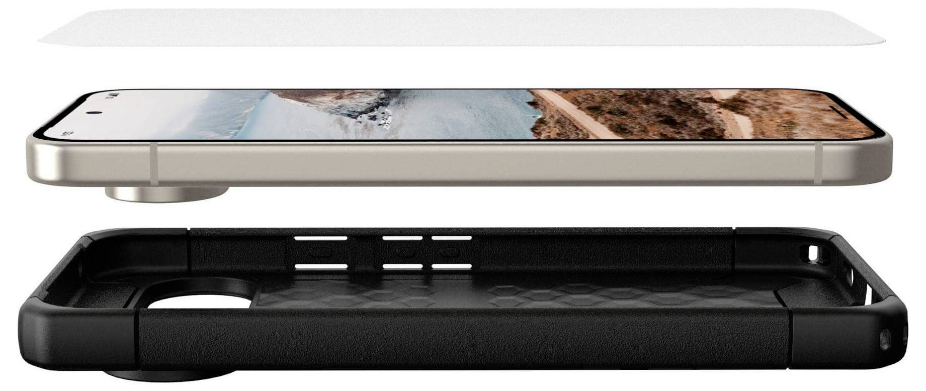 Geëxplodeerde weergave van een smartphone in een beschermende zwarte behuizing met een screenprotector, waarbij de uitlijning en het ontwerp van de componenten worden getoond.