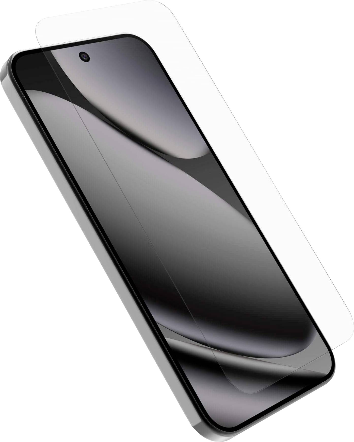 Een smartphone met een beschermende glazen schermafdekking, licht naar links gekanteld, met een frontcamera bovenaan het midden van het display.