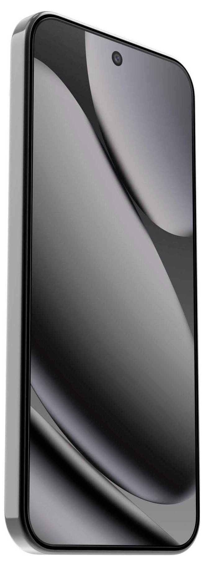 Een strak, modern smartphone heeft een zwart, randloos scherm met een enkele voorste camera centraal bovenaan de weergave.