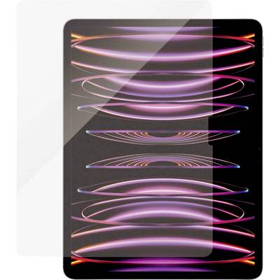 Een tablet met een levendig, abstract lichtpatroon op het scherm, gedeeltelijk bedekt door een transparante beschermende film.