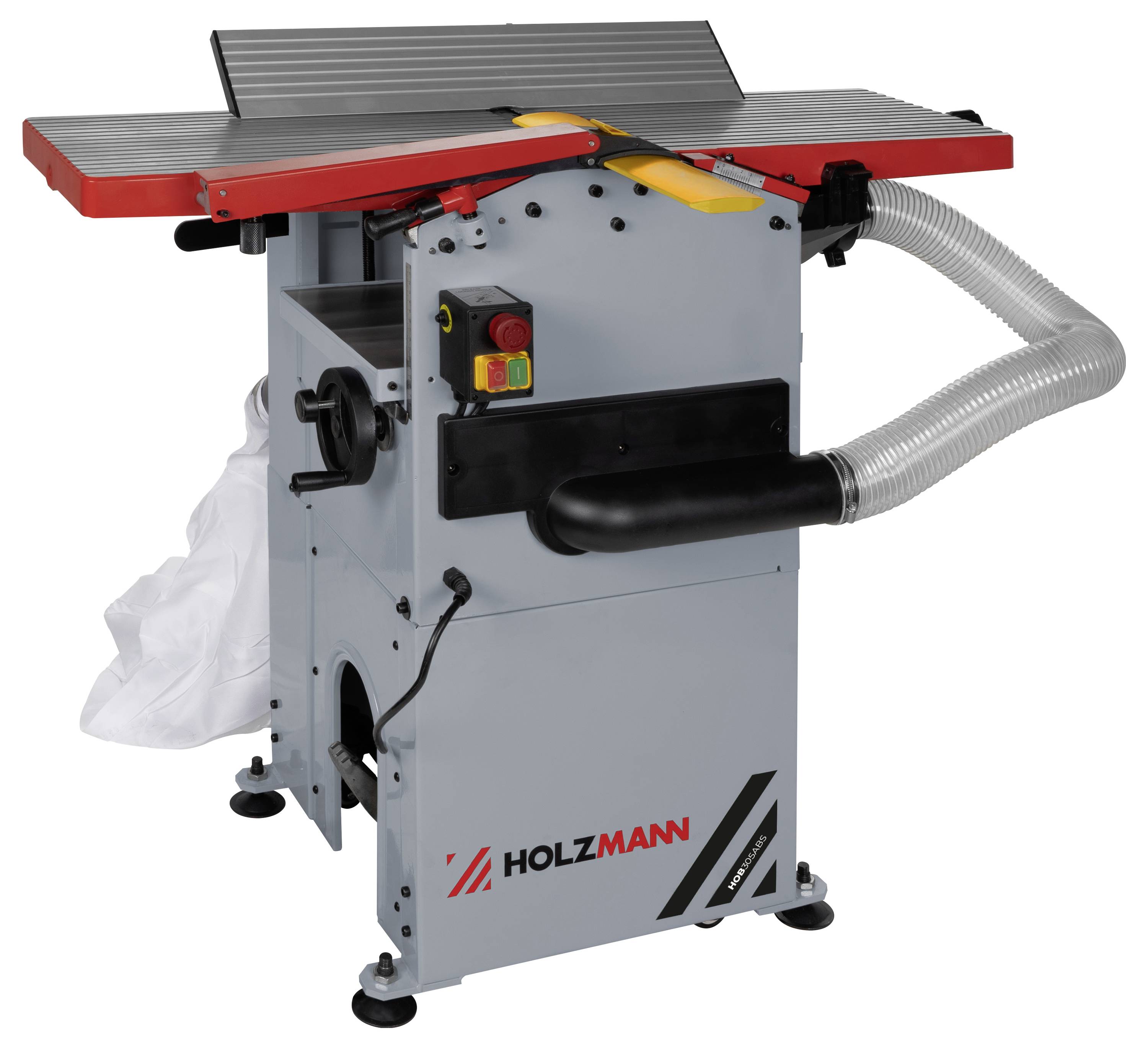 Een oppervlaktebank met een rood en grijs ontwerp voorzien van het label 'Holzmann'. Het apparaat beschikt over een stofafzuigsysteem en veiligheidsbeschermingen.