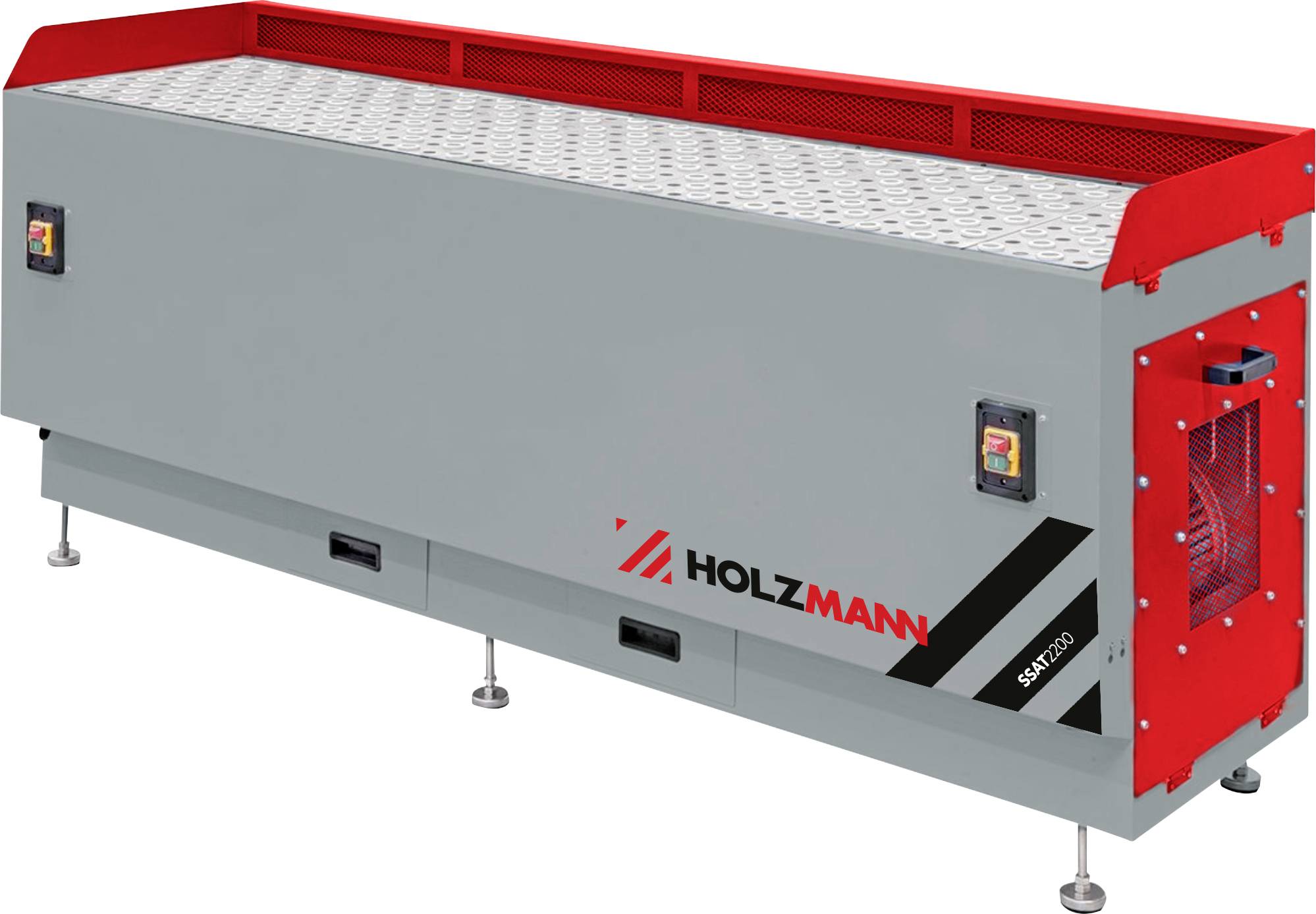 Een rechthoekige werkbank met een rood ventilatiesysteem en een grijze behuizing, gelabeld met 'HOLZMANN'. Hij staat op verstelbare poten voor stabiliteit.