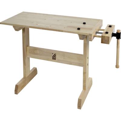 Een houten werkbank met een bankschroef aan de rechterkant, geschikt voor houtbewerkingstaken. De bank heeft een stevig frame en een lichte, natuurlijke afwerking.